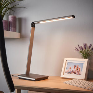 Lindby Metalická šedá LED stolní lampa Kuno, stmívač USB